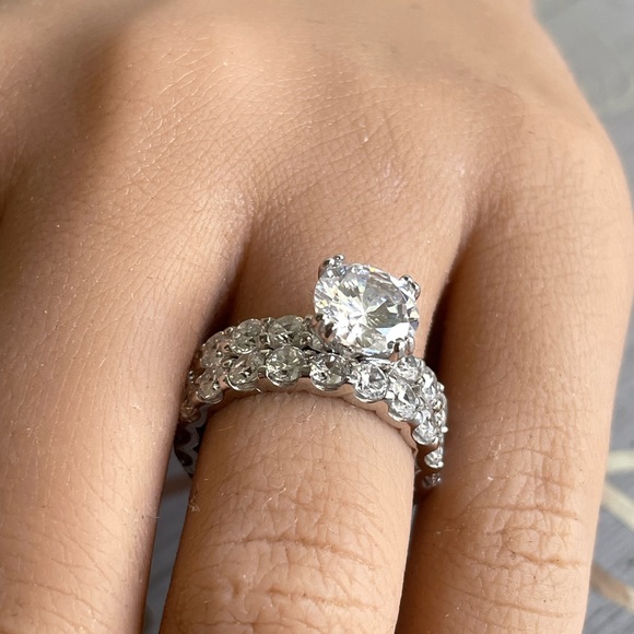 2.00ct Round CZ Engagement and Wedding Band Set, Eternity Band Sterling Silver - Picture 7 of 8